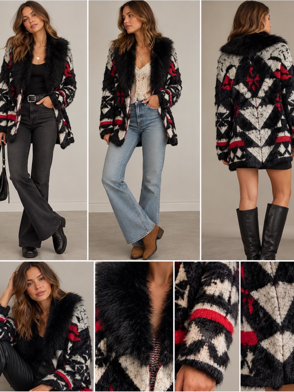 BCBGMAXAZRIA Faux Fur Collar Geometric Fuzzy Cardigan Sweater Size M